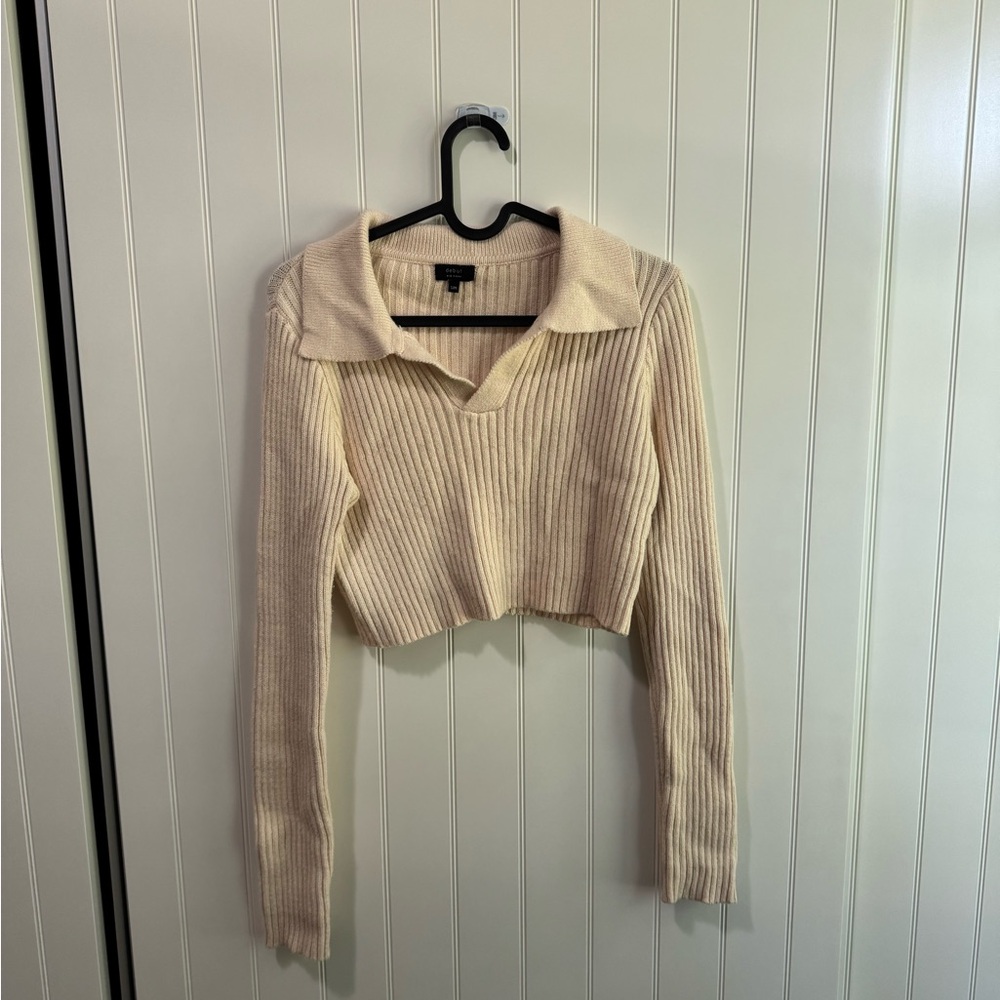 Cream Ribbed Knit Collared Crop Top